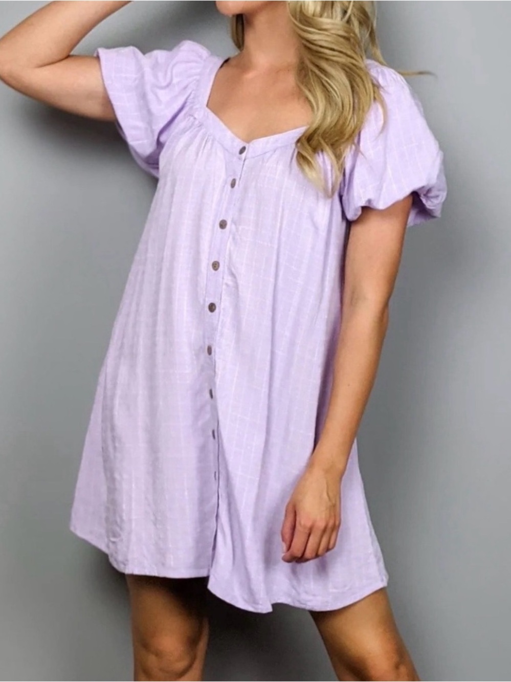 BaeVely Lilac Lavender Button-Front Puff Sleeve Mini Dress